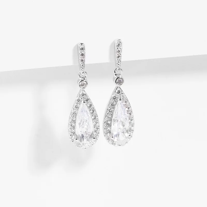Sterling Silver Zirconia Pear Halo Drop Stud Earrings