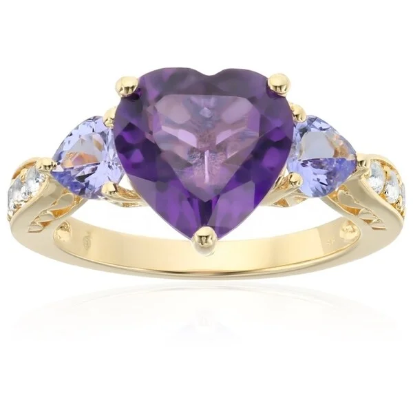 Agate Gemstone Rings in Sterling Silver with a Mosaic - Inspired Inlay for a Bohemian StyleYellow Gold-plated Silver Amethyst, Tanzanite 3-stone Heart Ring, Sz 7 - Purple Agate Gemstone Rings in Sterling Silver with a Mosaic - Inspired Inlay for a Bohemian StyleYellow Gold-plated Silver Amethyst, Tanzanite 3-stone Heart Ring, Sz 7 - Purple