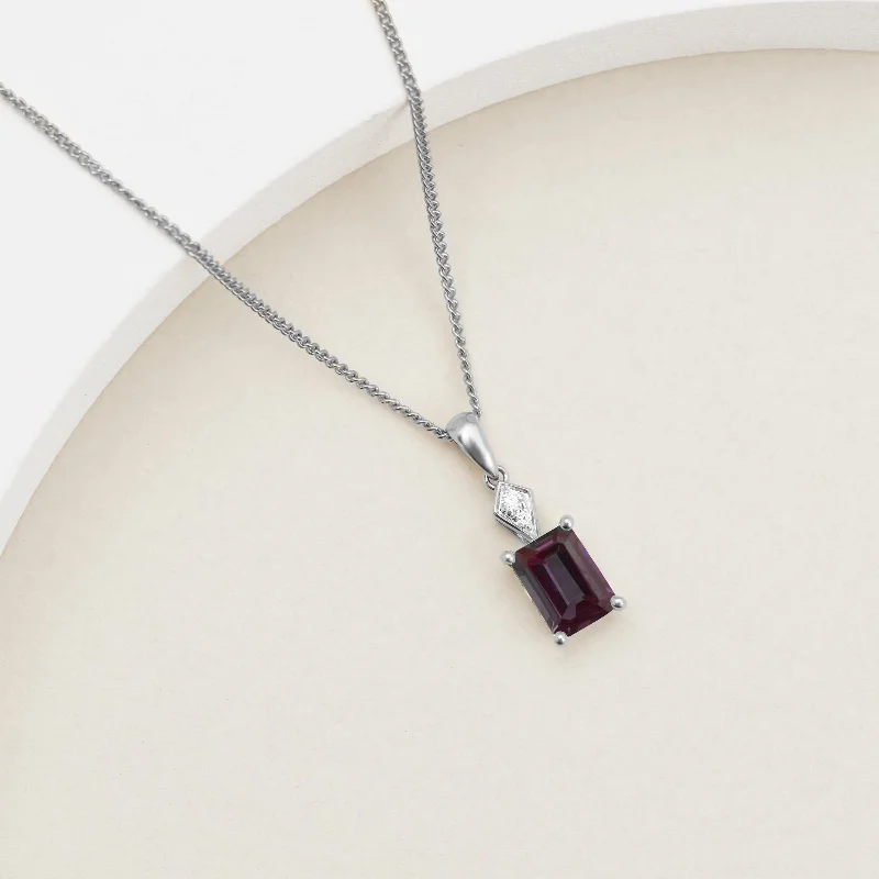 9K White Gold Emerald Cut Created Alexandrite Diamond Accents Pendant