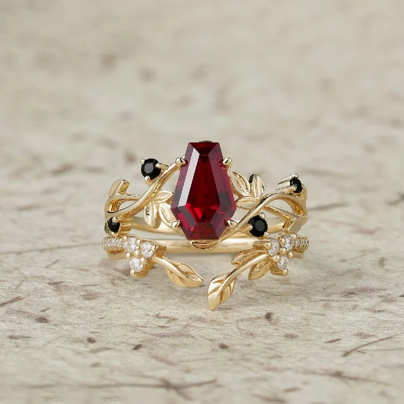 Men's Ruby Engagement Rings in Rose Gold with a Solitaire Design for a Romantic Gesture6x9mm Coffin Shaped Ruby Leaf Ring Set - Grace Men's Ruby Engagement Rings in Rose Gold with a Solitaire Design for a Romantic Gesture6x9mm Coffin Shaped Ruby Leaf Ring Set - Grace