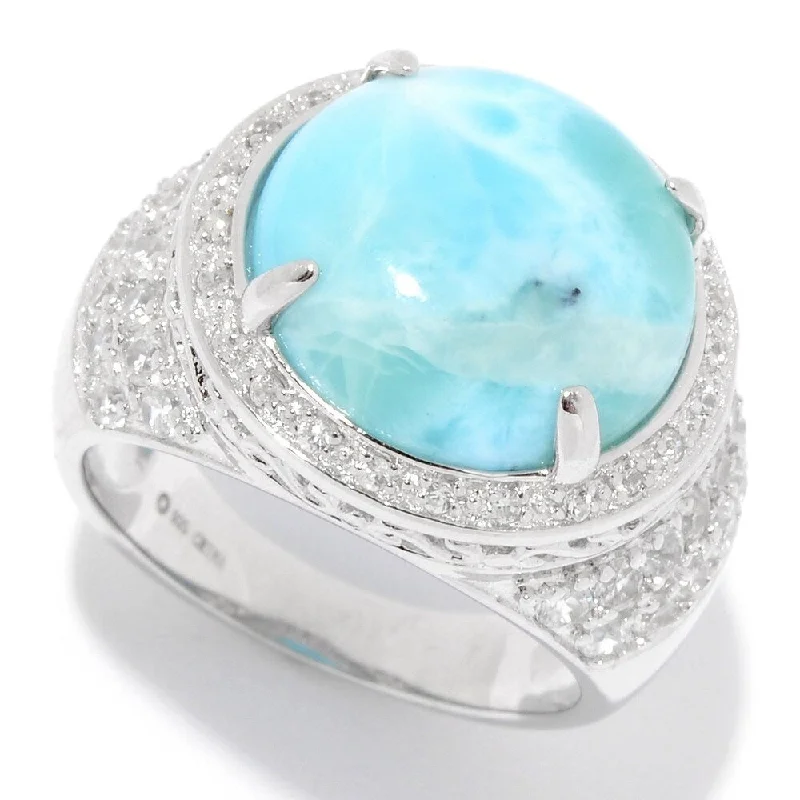 Emerald Gemstone Rings Set in Platinum with Filigree Work for a Vintage - Inspired LookSterling Silver 13.5mm Larimar & White Topaz Halo Ring Emerald Gemstone Rings Set in Platinum with Filigree Work for a Vintage - Inspired LookSterling Silver 13.5mm Larimar & White Topaz Halo Ring