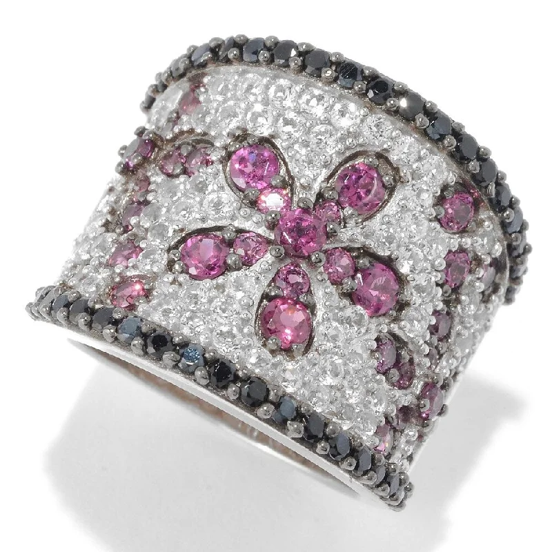 Amethyst Gemstone Rings in Sterling Silver with a Halo of Cubic Zirconia for a Budget - Friendly LuxurySterling Silver White Topaz, Black Spinel and Rhodolite Ring