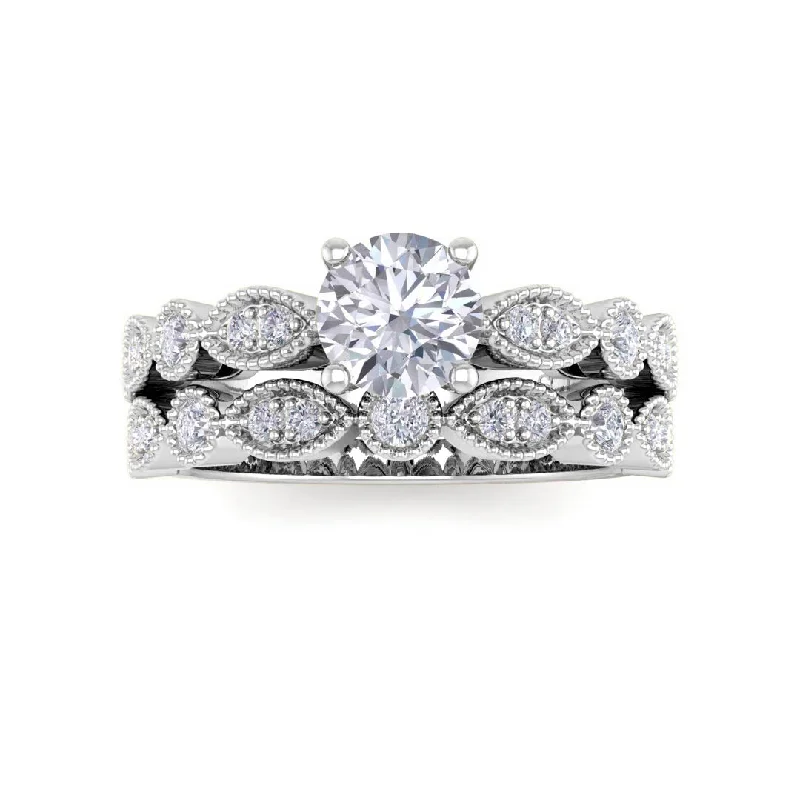 9K White Gold Round Brilliant Diamond Milgrain Bridal Set 0.75tdw
