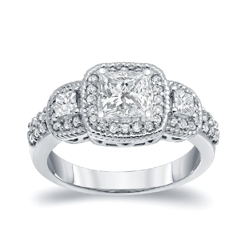 Cathedral - Style Engagement Rings with a Raised Center Stone and Intricate MetalworkAuriya 1 1/2 carat TW 3-Stone Princess-Cut Halo Diamond Engagement Ring Platinum Cathedral - Style Engagement Rings with a Raised Center Stone and Intricate MetalworkAuriya 1 1/2 carat TW 3-Stone Princess-Cut Halo Diamond Engagement Ring Platinum