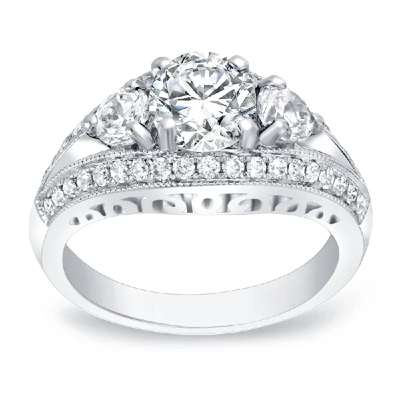 Classic Round Cut Engagement Rings with Platinum Prongs and Halo Setting for Timeless EleganceAuriya Unique 2 1/5ctw 3-Stone Diamond Engagement Ring 14K Gold Certified