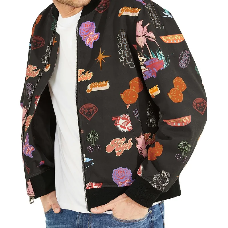 Guess Mens Printed Cold Weather Bomber Jacket