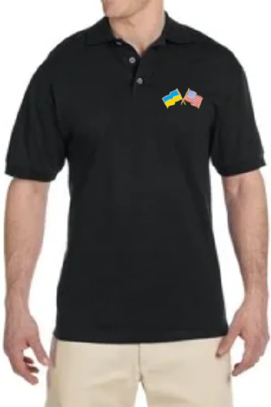 Men's cotton polo shirt with Ukrainian and American flags