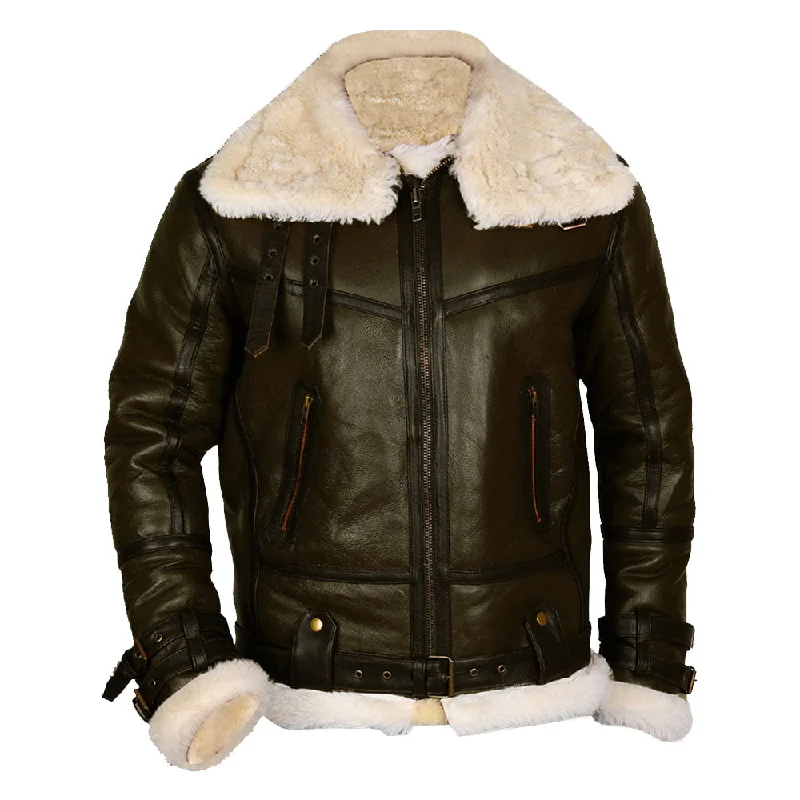 Army Green Men B3 Bomber Shearling Leather Jacket