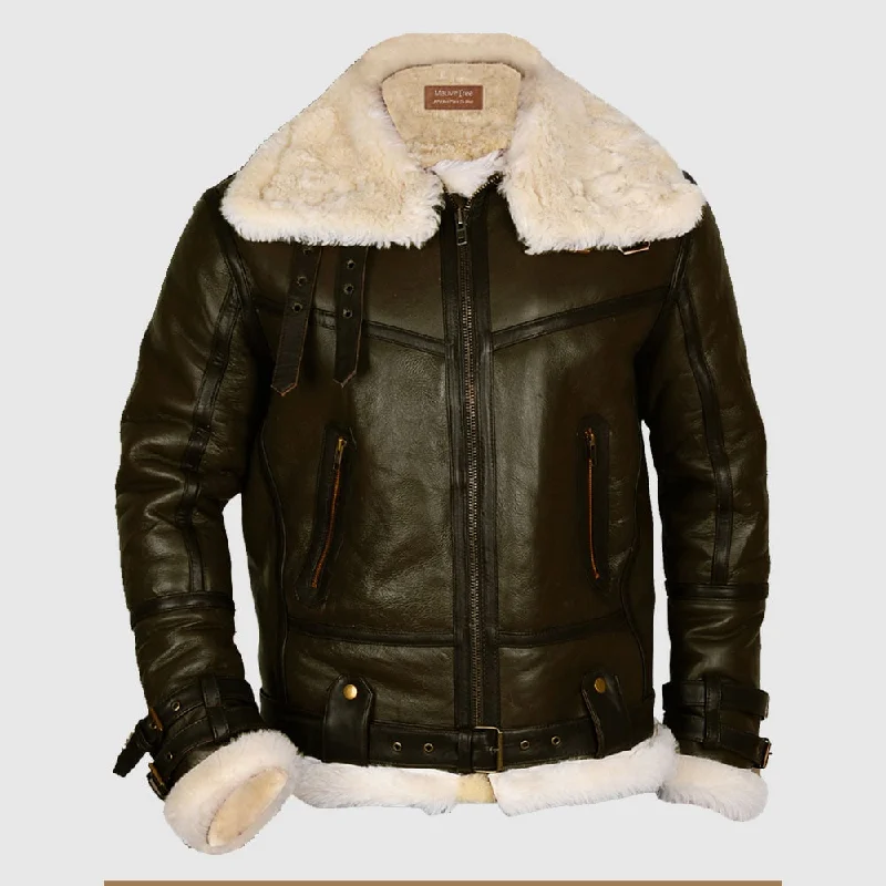 Army Green Men B3 Bomber Shearling Leather Jacket