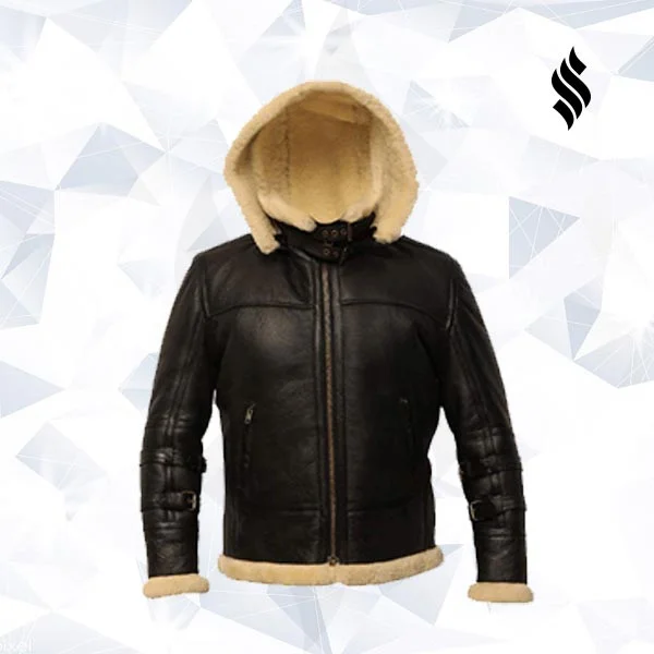 B3 Black Bomber Real Shearling Leather Jacket Removable Hooded