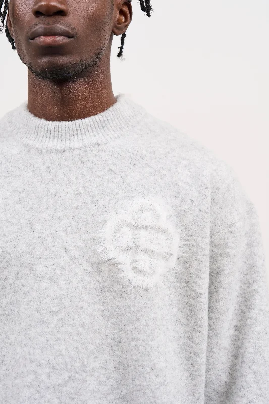 FLUFFY EMBLEM KNITTED CREW - GREY MARL