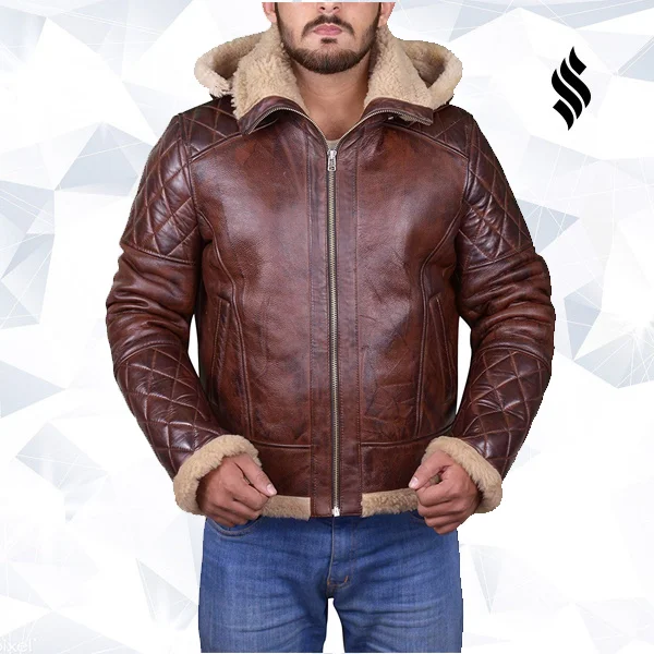 MEN BROWN SHEARLING JACKET WITH HOODIE