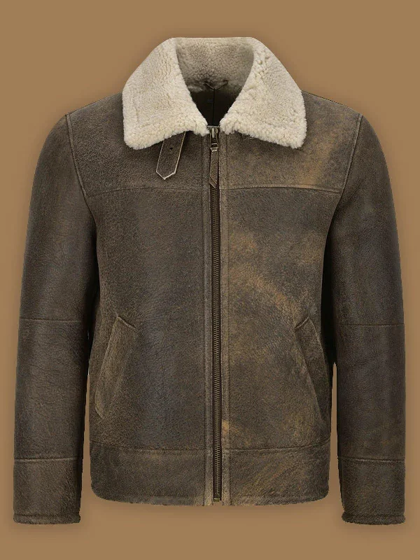 Men Old Fashion Brown Shearling Bomber Leather Jacket