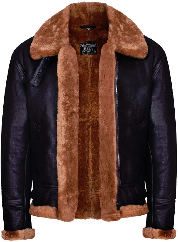 Men's Aviator Ginger Brown B3 Real Shearling Sheepskin Leather Bomber Flying Jacket