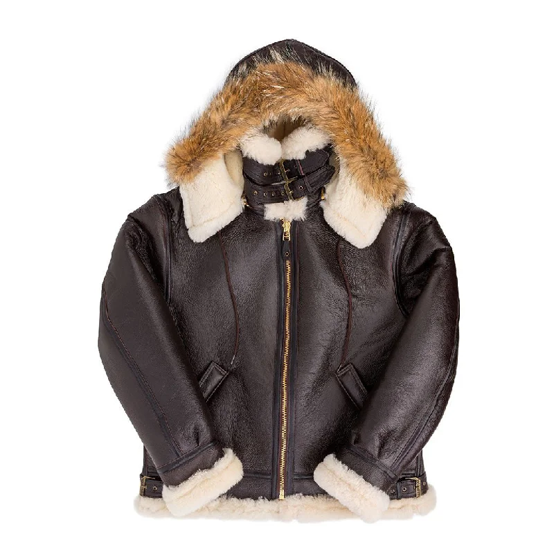 Mens B-3 Hooded Sheepskin Bomber Style Jacket