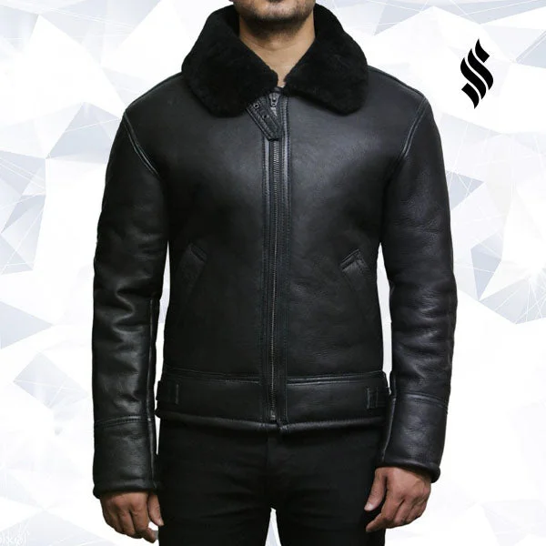 Men's Black Aviator B3 Real Shearling Sheepskin Leather Bomber Flying Pilot Jacket