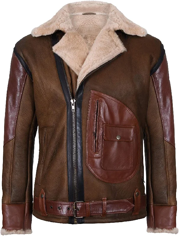 Mens Brown Crossover B3 Sheepskin Aviator Flying Leather Biker Jacket