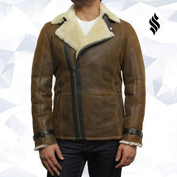 Men's Luxury Shearling Sheepskin Aviator Rust Brown Leather Flying Jacket Coat