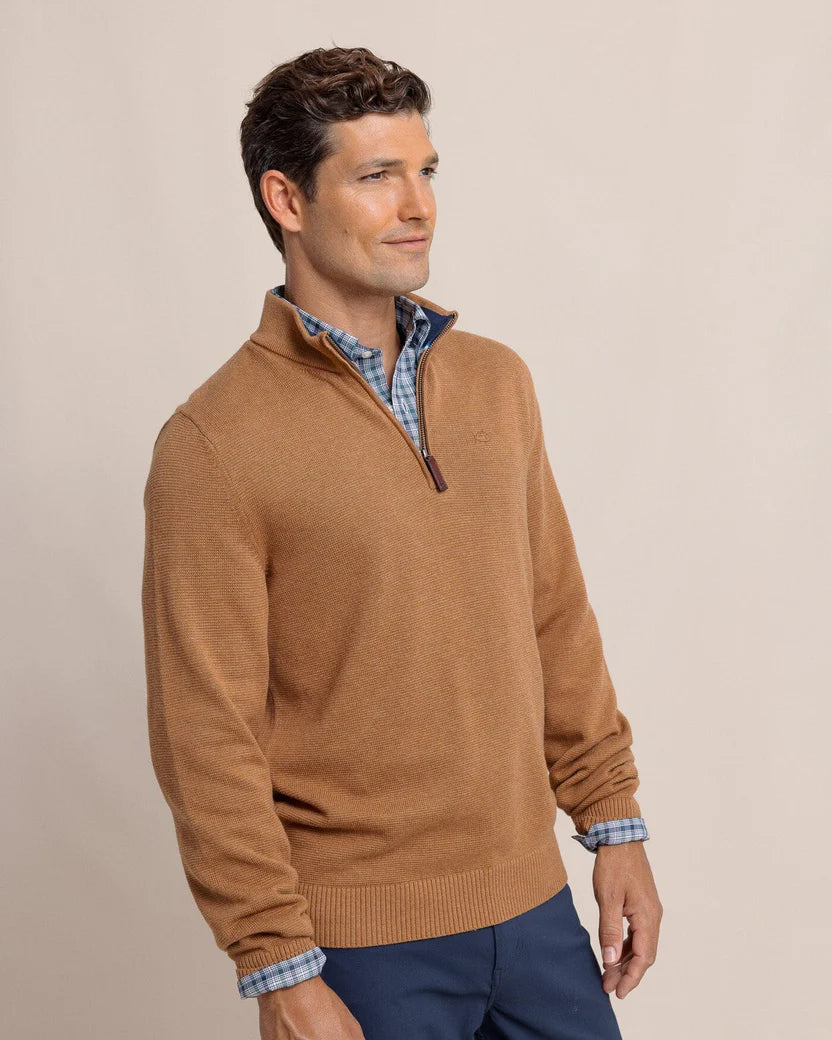 Southern Tide Men's Oakatie Heather Quarter Zip Sweater - Heather Hazelnut Khaki