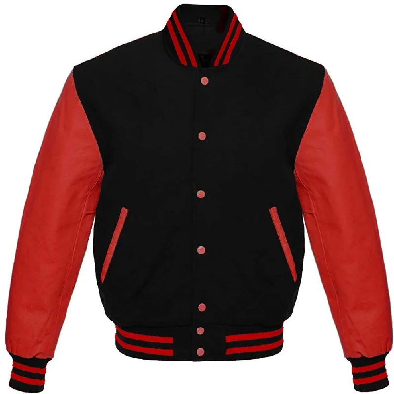 Varsity Letterman Baseball Bomber Retro Vintage Jacket Black Wool and Red Genuine Leather Sleeves