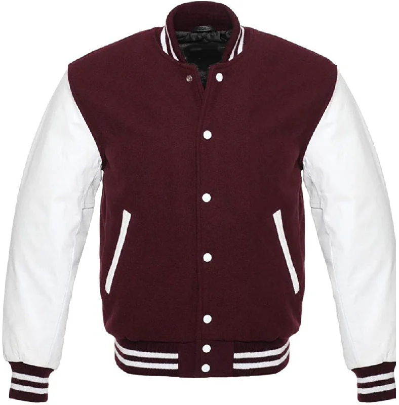 Varsity Letterman Baseball Bomber Retro Vintage Jacket Maroon Wool White Genuine Leather Sleeves