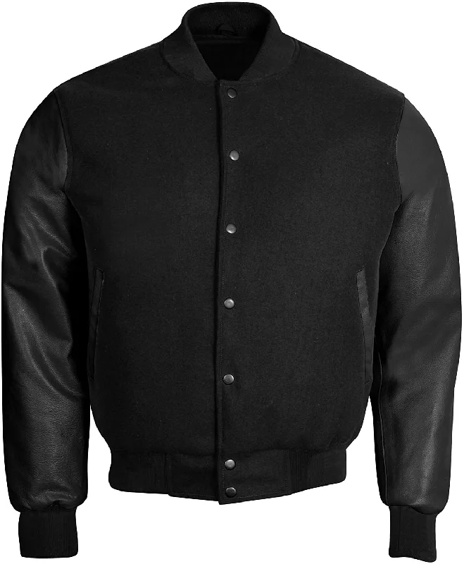 Varsity Letterman Baseball Bomber Retro Vintage Jacket Solid Black Wool Black Genuine Leather Sleeves