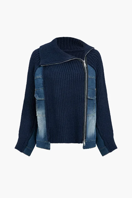 Solid Zipper Detail Patchwork Sweater Cardigan