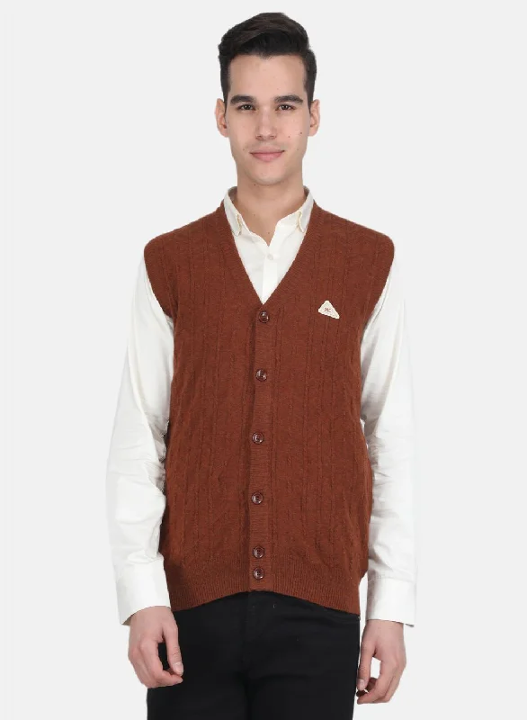 Men Brown Self Design Cardigan