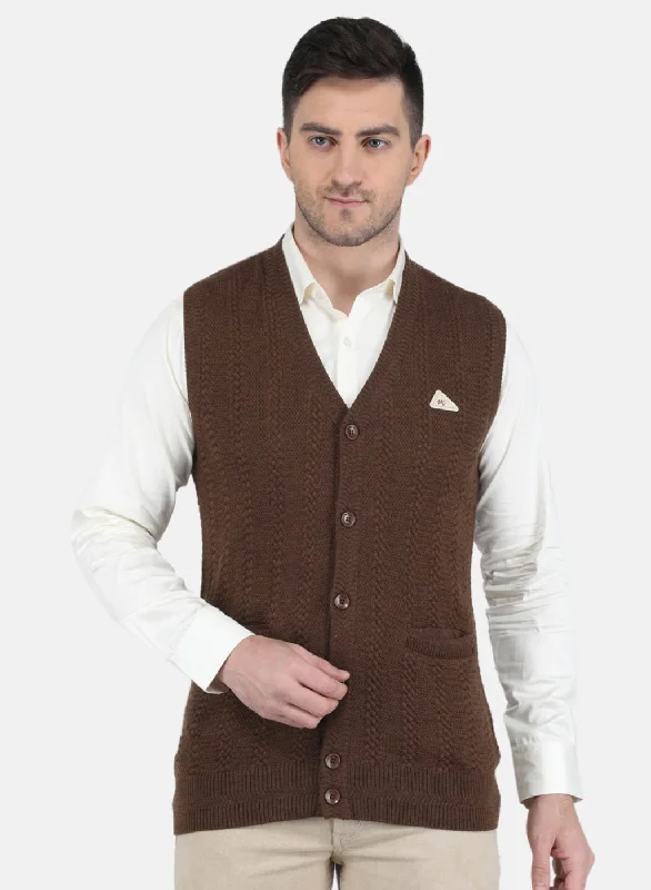 Men Brown Self Design Cardigan