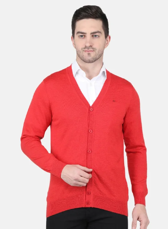 Men Red Solid Cardigan