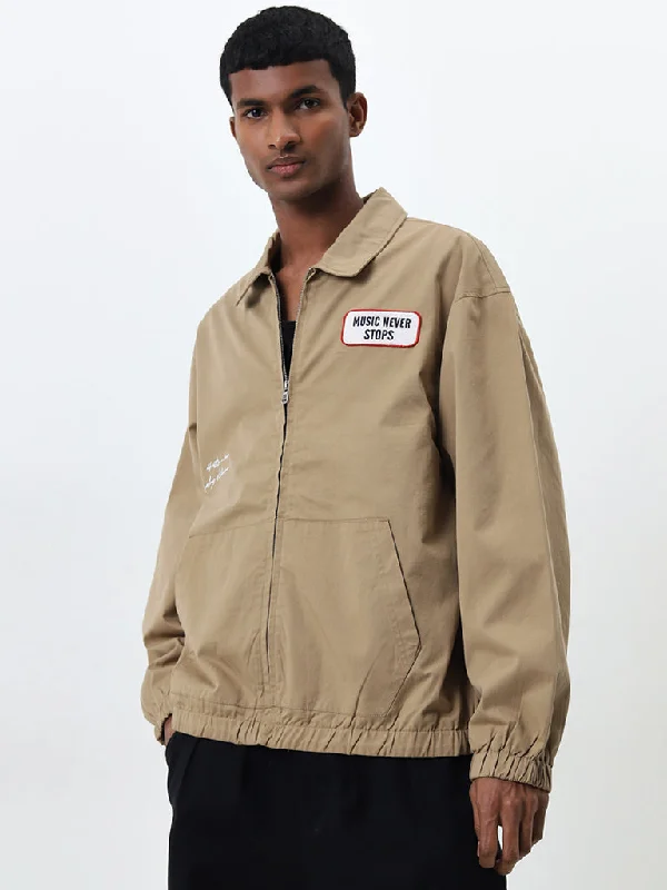 Nuon Khaki Text Printed Relaxed-Fit Cotton Jacket