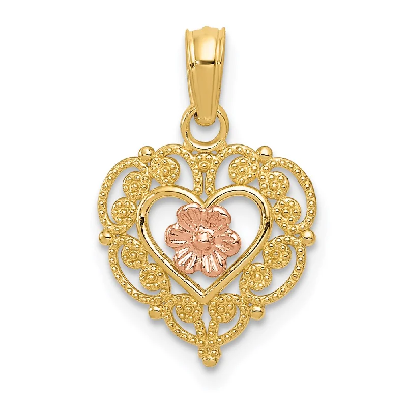 Customized Birthstone Pendant with Engraved Name for a Personalized Touch14k Rose and Yellow Gold, Lace Trim Heart and Pink Flower Pendant Customized Birthstone Pendant with Engraved Name for a Personalized Touch14k Rose and Yellow Gold, Lace Trim Heart and Pink Flower Pendant
