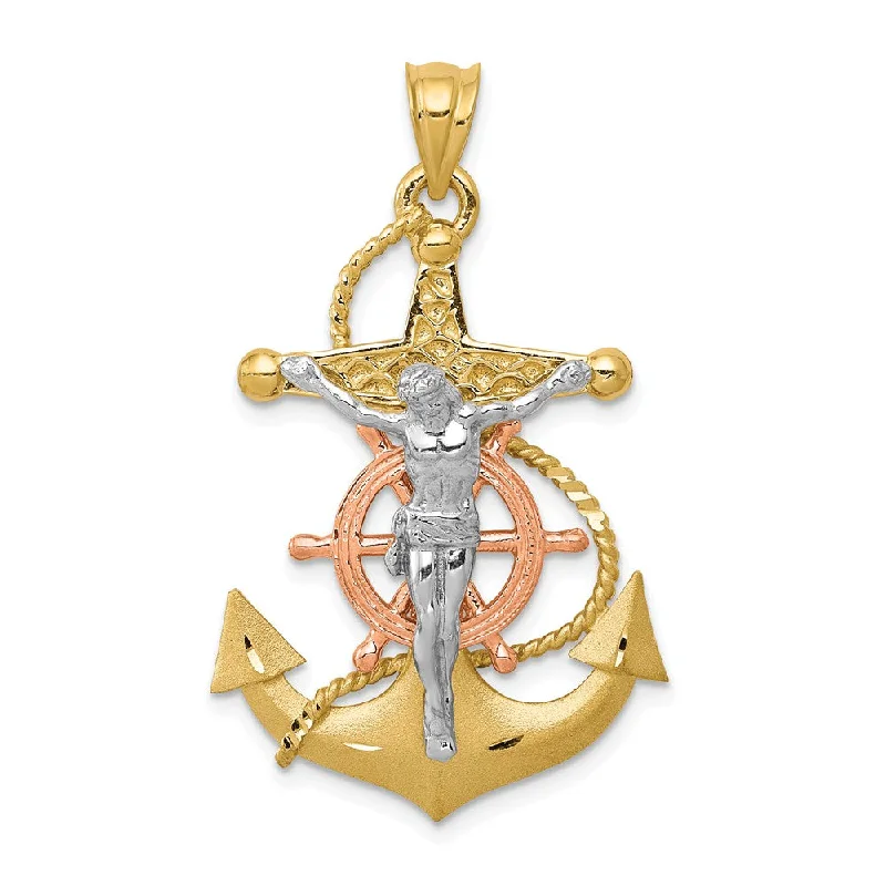 Handmade Leather - Wrapped Crystal Pendant for a Bohemian Aesthetic14k Tri-Color Gold Mariner's Crucifix Cross Pendant, 22 x 38mm Handmade Leather - Wrapped Crystal Pendant for a Bohemian Aesthetic14k Tri-Color Gold Mariner's Crucifix Cross Pendant, 22 x 38mm
