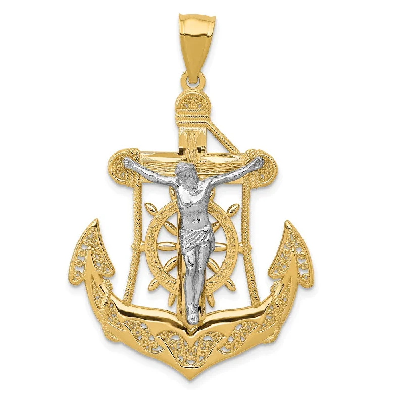 Handmade Leather - Wrapped Crystal Pendant for a Bohemian Aesthetic14k Two Tone Gold Large Mariner's Crucifix Cross Pendant, 29 x 44mm Handmade Leather - Wrapped Crystal Pendant for a Bohemian Aesthetic14k Two Tone Gold Large Mariner's Crucifix Cross Pendant, 29 x 44mm