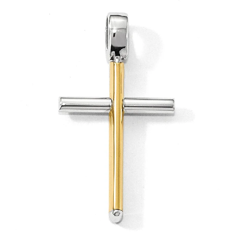 14k Two Tone Gold, Polished Hollow Cross Pendant, 18 x 32mm