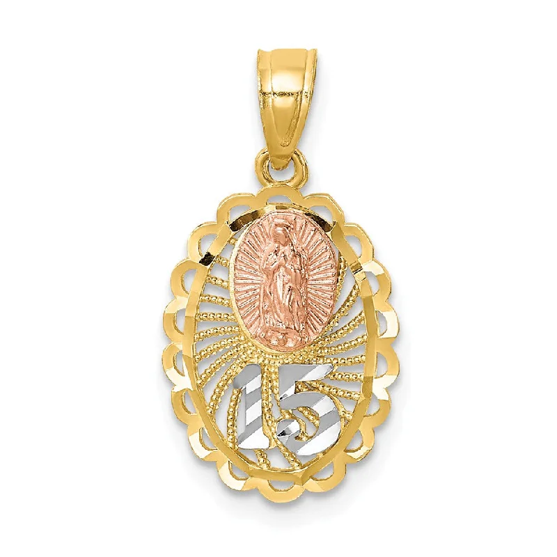 14k Two Tone Gold Sweet 15 Our Lady of Guadalupe Pendant, 10 x 23mm