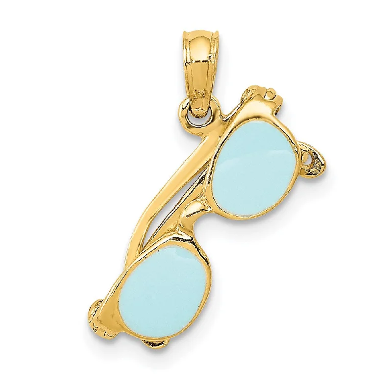 Rhinestone - Encrusted Crown Pendant for Little Girls' Dress - Up14k Yellow Gold 3D Aqua Enameled Moveable Sunglasses Pendant Rhinestone - Encrusted Crown Pendant for Little Girls' Dress - Up14k Yellow Gold 3D Aqua Enameled Moveable Sunglasses Pendant