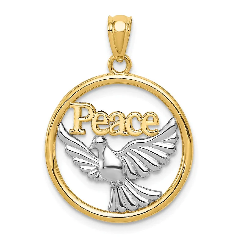 14k Yellow Gold & White Rhodium 18mm Round Peace Dove Pendant
