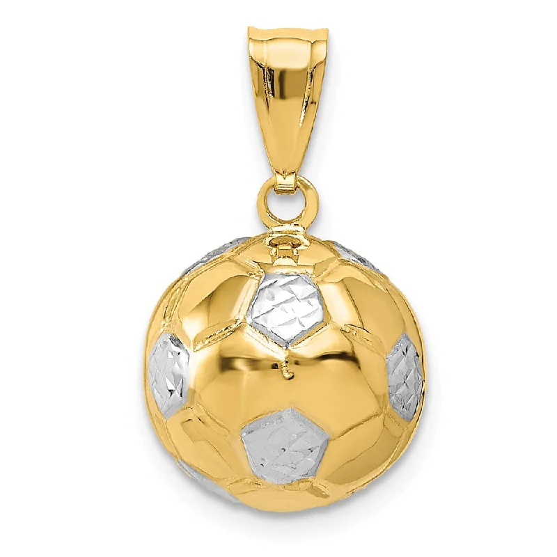 14k Yellow Gold & White Rhodium 3D Hollow Soccer Ball Pendant, 13mm