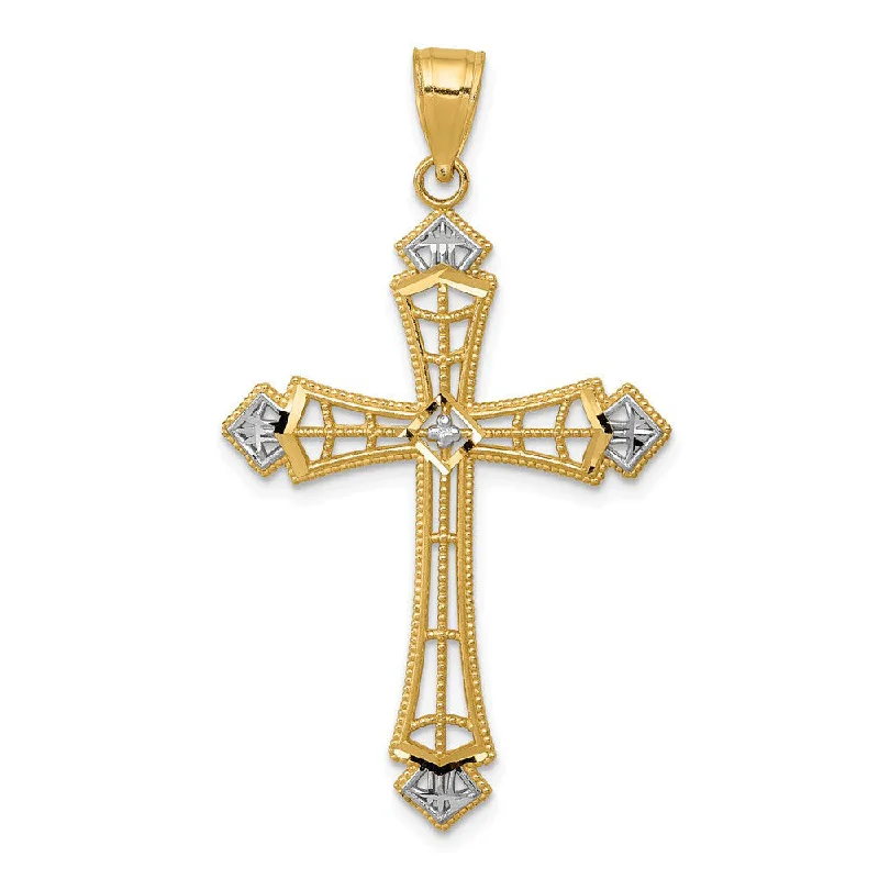 Laser - Cut Woodland Scene Pendant for Nature Enthusiasts14k Yellow Gold & White Rhodium D/C Passion Cross Pendant, 23 x 42mm Laser - Cut Woodland Scene Pendant for Nature Enthusiasts14k Yellow Gold & White Rhodium D/C Passion Cross Pendant, 23 x 42mm