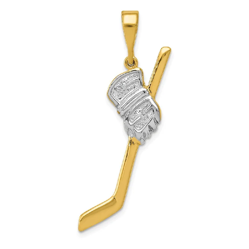 14k Yellow Gold & White Rhodium Hockey Stick and Glove Pendant