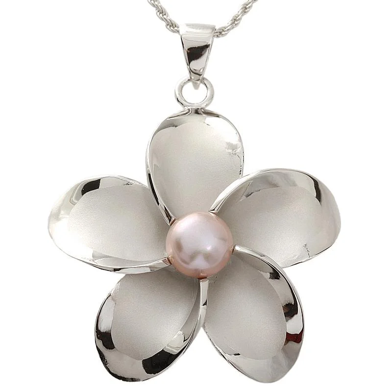 Custom - Engraved Initial Pendant Necklace in Sterling Silver for Mother's Day GiftSterling Silver Rhodium Plated 43mm Plumeria with Pink Pearl Pendant (Chain Sold Separately) Custom - Engraved Initial Pendant Necklace in Sterling Silver for Mother's Day GiftSterling Silver Rhodium Plated 43mm Plumeria with Pink Pearl Pendant (Chain Sold Separately)