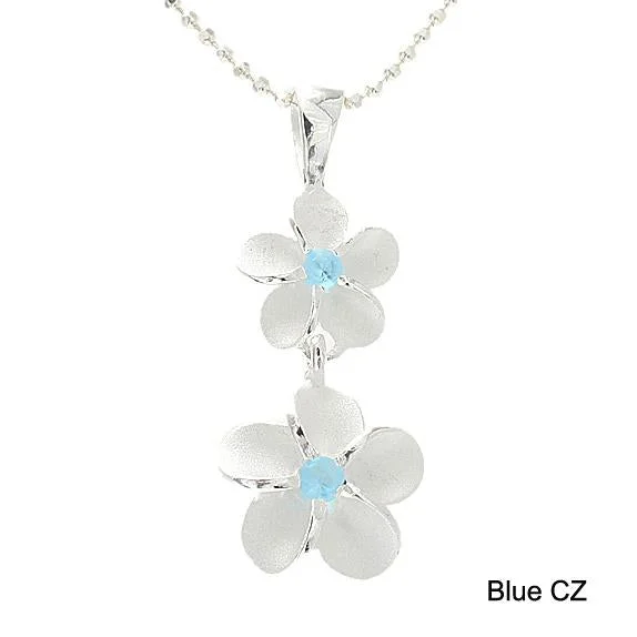 Statement - Making Large - Gemstone - Studded Geometric Pendant Necklace for Evening PartiesSterling Silver 8-10mm Plumeria with Blue CZ Sandblast Finish Pendant (Chain Sold Separately) Statement - Making Large - Gemstone - Studded Geometric Pendant Necklace for Evening PartiesSterling Silver 8-10mm Plumeria with Blue CZ Sandblast Finish Pendant (Chain Sold Separately)