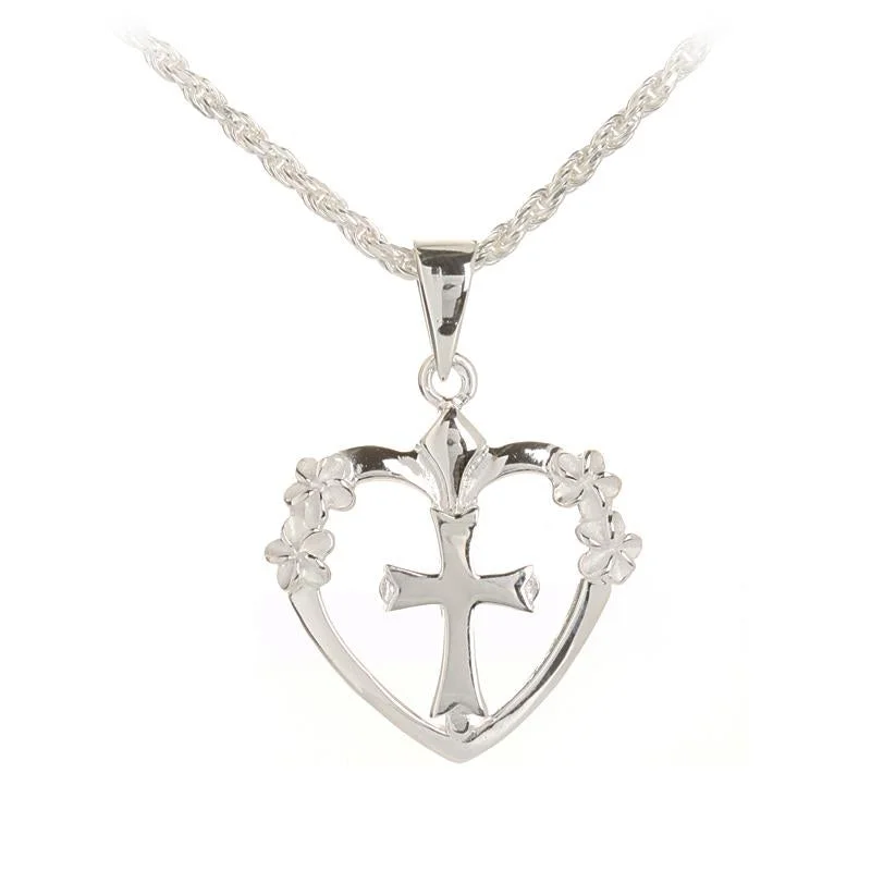 Antique - Inspired Filigree - Worked Cross Pendant Necklace for Religious CeremoniesSterling Silver Cross in Heart with 4 Plumeria Pendant (Chain Sold Separately) Antique - Inspired Filigree - Worked Cross Pendant Necklace for Religious CeremoniesSterling Silver Cross in Heart with 4 Plumeria Pendant (Chain Sold Separately)