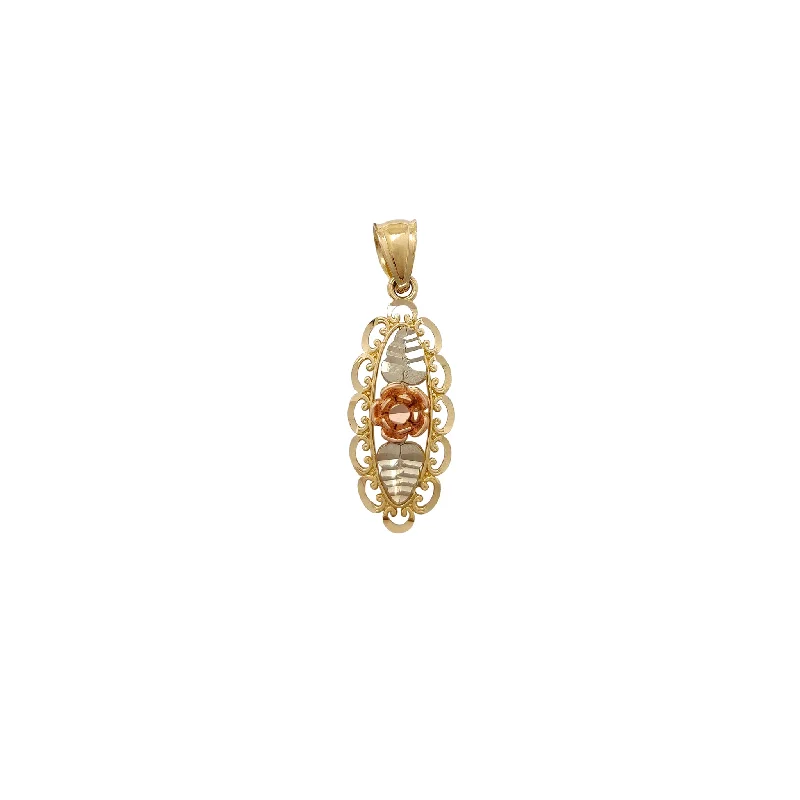 Oval Filigree Framed Rose & Leaf Pendant (14K)