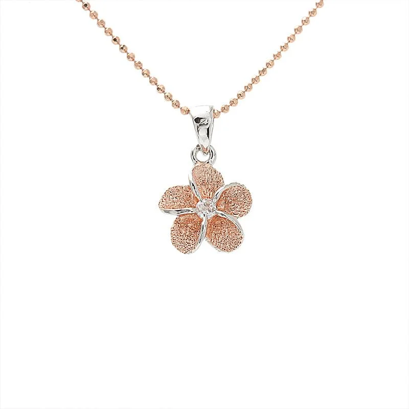 Custom - Engraved Initial Pendant Necklace in Sterling Silver for Mother's Day GiftSterling Silver Two Tone Pink Gold Plated Plumeria with CZ Sandblast Finish Pendant (XS/S/M) (Chain Sold Separately) Custom - Engraved Initial Pendant Necklace in Sterling Silver for Mother's Day GiftSterling Silver Two Tone Pink Gold Plated Plumeria with CZ Sandblast Finish Pendant (XS/S/M) (Chain Sold Separately)