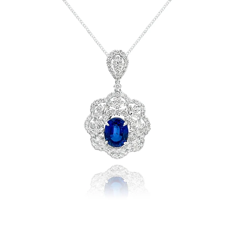 Statement - Making Large - Gemstone - Studded Geometric Pendant Necklace for Evening PartiesOval Sapphire & Diamonds "Costa esmeralda" Pendant. Statement - Making Large - Gemstone - Studded Geometric Pendant Necklace for Evening PartiesOval Sapphire & Diamonds "Costa esmeralda" Pendant.