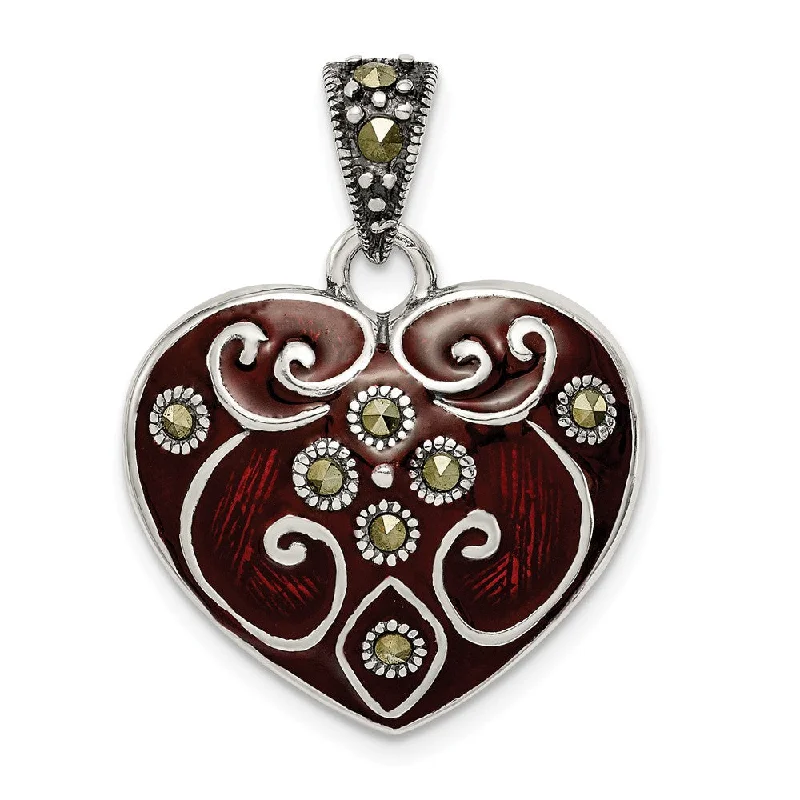 Double - Sided Pendant Necklace with a Photo Insert for Memory - KeepersSterling Silver, Red Enamel and Marcasite Heart Pendant, 21mm Double - Sided Pendant Necklace with a Photo Insert for Memory - KeepersSterling Silver, Red Enamel and Marcasite Heart Pendant, 21mm