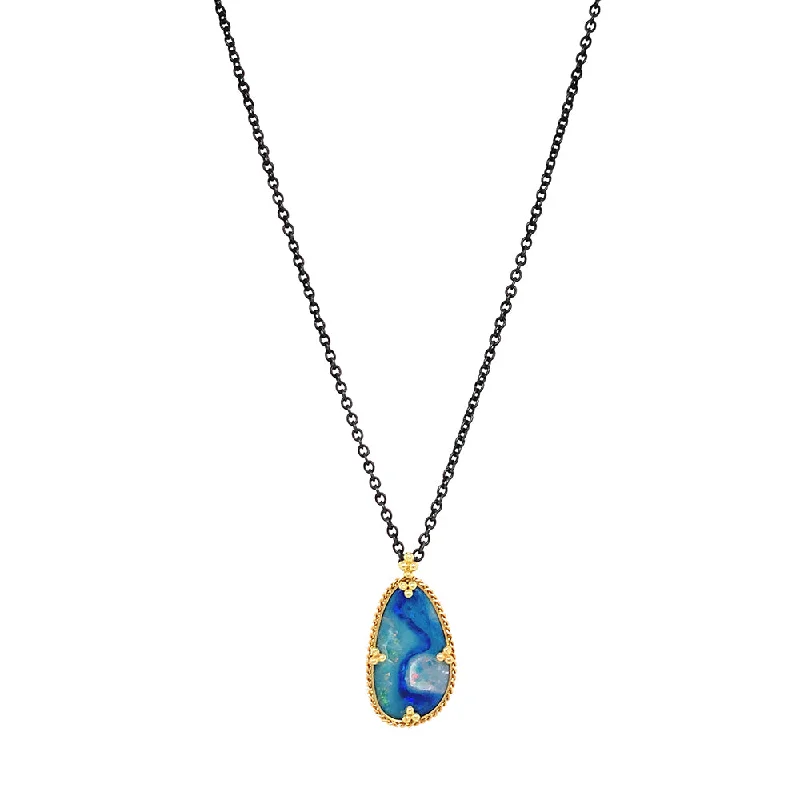 Statement - Making Large - Gemstone - Studded Geometric Pendant Necklace for Evening PartiesSterling Silver & Yellow Gold Australian Opal Doublet Necklace - "Electric Waters" Statement - Making Large - Gemstone - Studded Geometric Pendant Necklace for Evening PartiesSterling Silver & Yellow Gold Australian Opal Doublet Necklace - "Electric Waters"