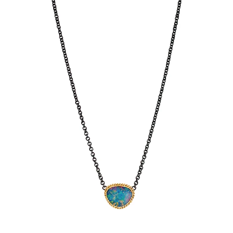 Minimalist Black Onyx Round Pendant Necklace with a Leather Cord for Boho - Chic OutfitsSterling Silver & Yellow Gold Opal Doublet Necklace - "Monet's Palette" Minimalist Black Onyx Round Pendant Necklace with a Leather Cord for Boho - Chic OutfitsSterling Silver & Yellow Gold Opal Doublet Necklace - "Monet's Palette"